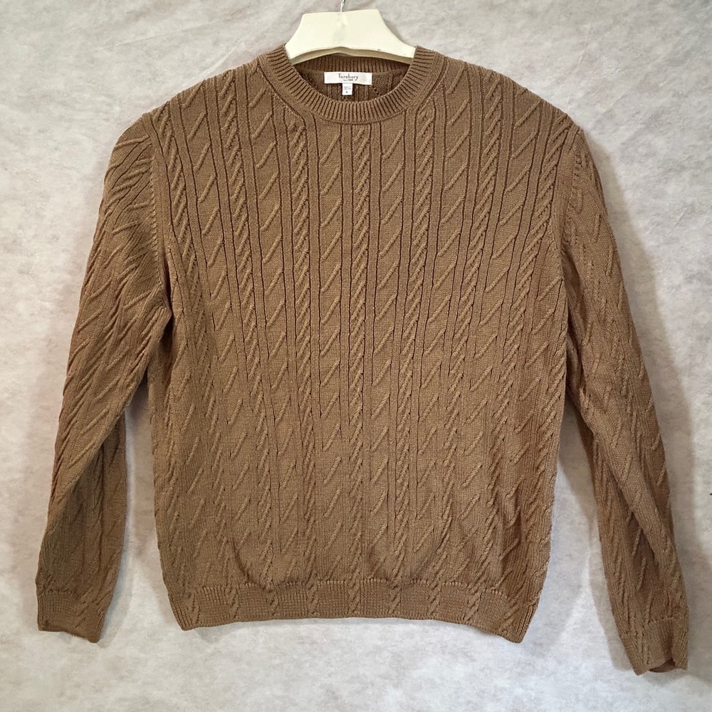 Turnbury Mens Large Brown Cable Knit Crewneck 100% Cotton Sweater Long Sleeve